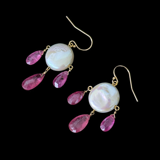 Pink Sapphire, Pearl & 14k Gold Chandelier Earrings