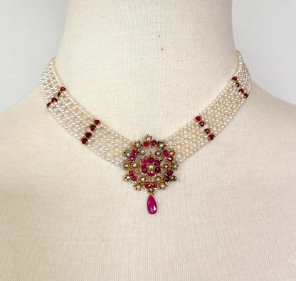 One of a Kind Pearl and Ruby Necklace with Antique 18k Gold Centerpiece