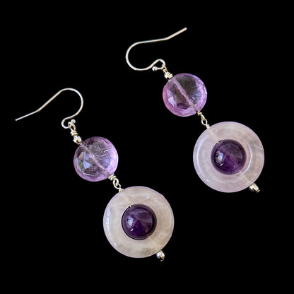 Amethyst, Rose Quartz & 14k White Gold Earrings