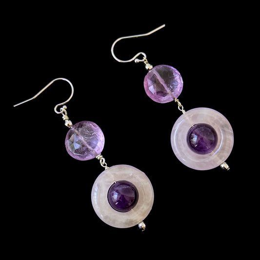 Amethyst, Rose Quartz & 14k White Gold Earrings