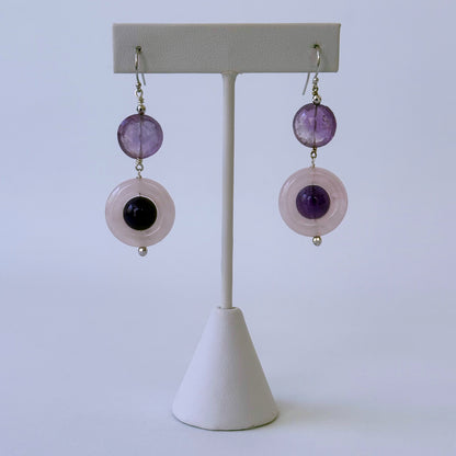 Amethyst, Rose Quartz & 14k White Gold Earrings