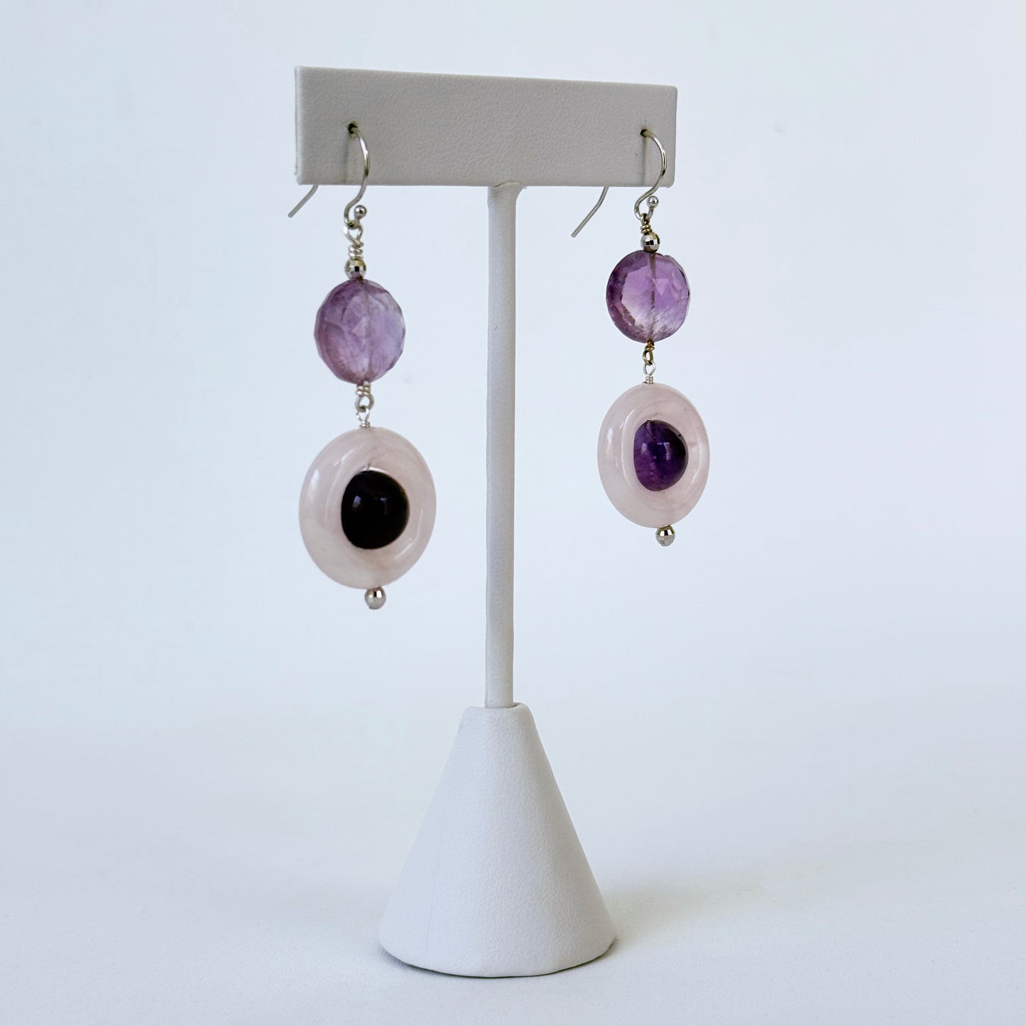 Amethyst, Rose Quartz & 14k White Gold Earrings