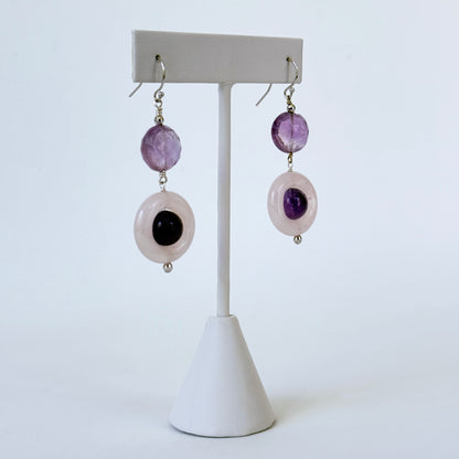 Amethyst, Rose Quartz & 14k White Gold Earrings