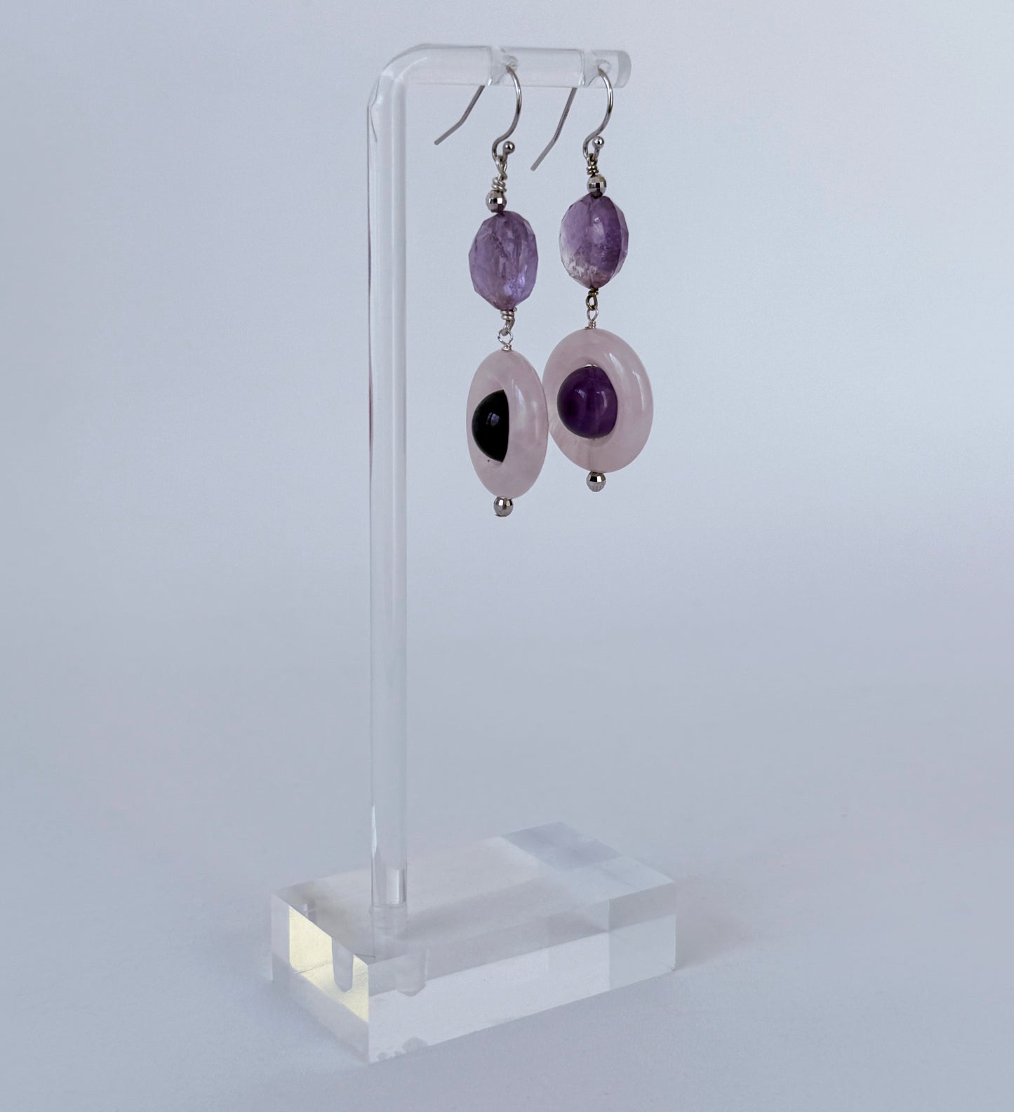 Amethyst, Rose Quartz & 14k White Gold Earrings