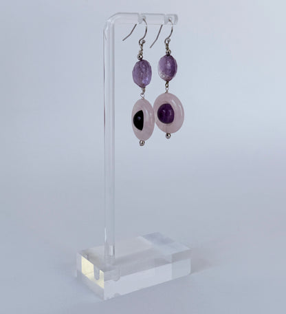 Amethyst, Rose Quartz & 14k White Gold Earrings