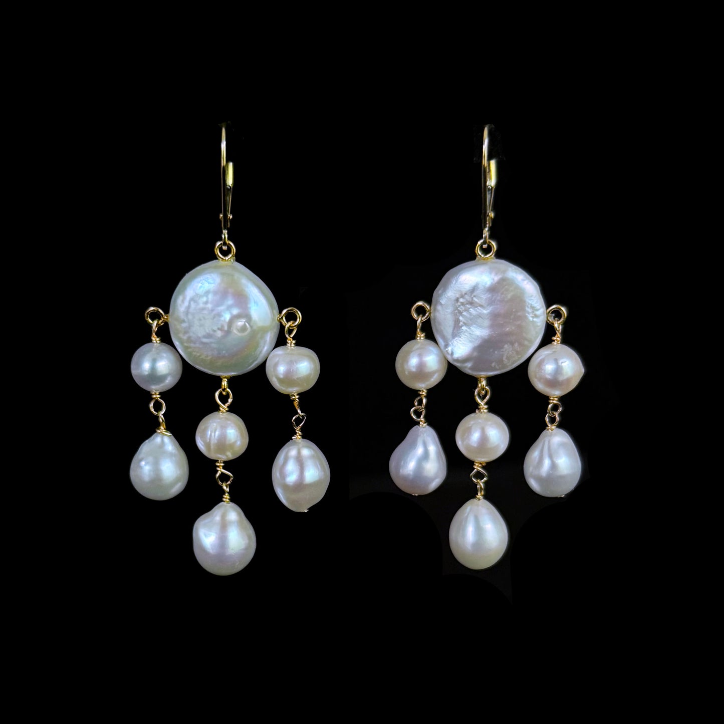 Coin Pearl Chandelier "Rain Drop" Earrings with Solid 14k Yellow Gold Lever Back Hooks