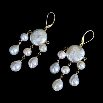 Coin Pearl Chandelier "Rain Drop" Earrings with Solid 14k Yellow Gold Lever Back Hooks