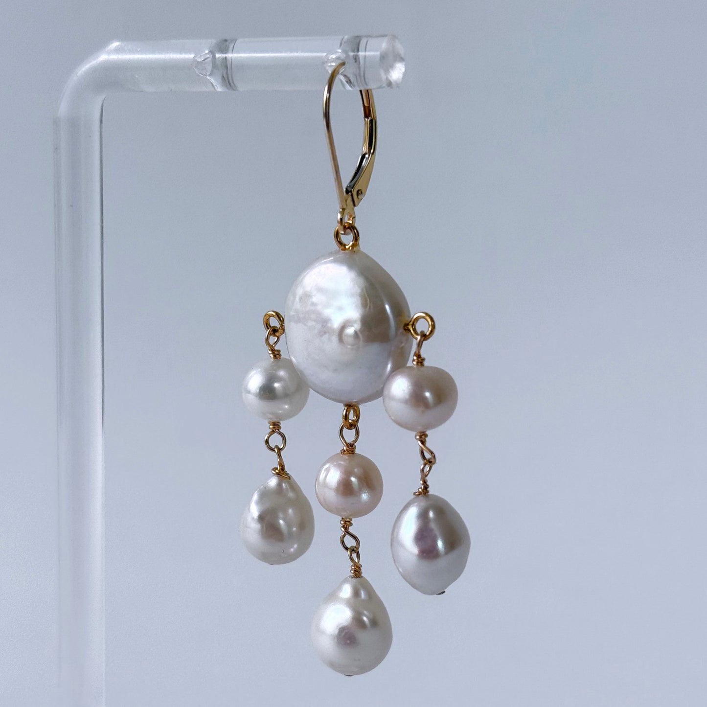 Coin Pearl Chandelier "Rain Drop" Earrings with Solid 14k Yellow Gold Lever Back Hooks