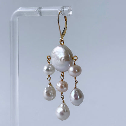 Coin Pearl Chandelier "Rain Drop" Earrings with Solid 14k Yellow Gold Lever Back Hooks