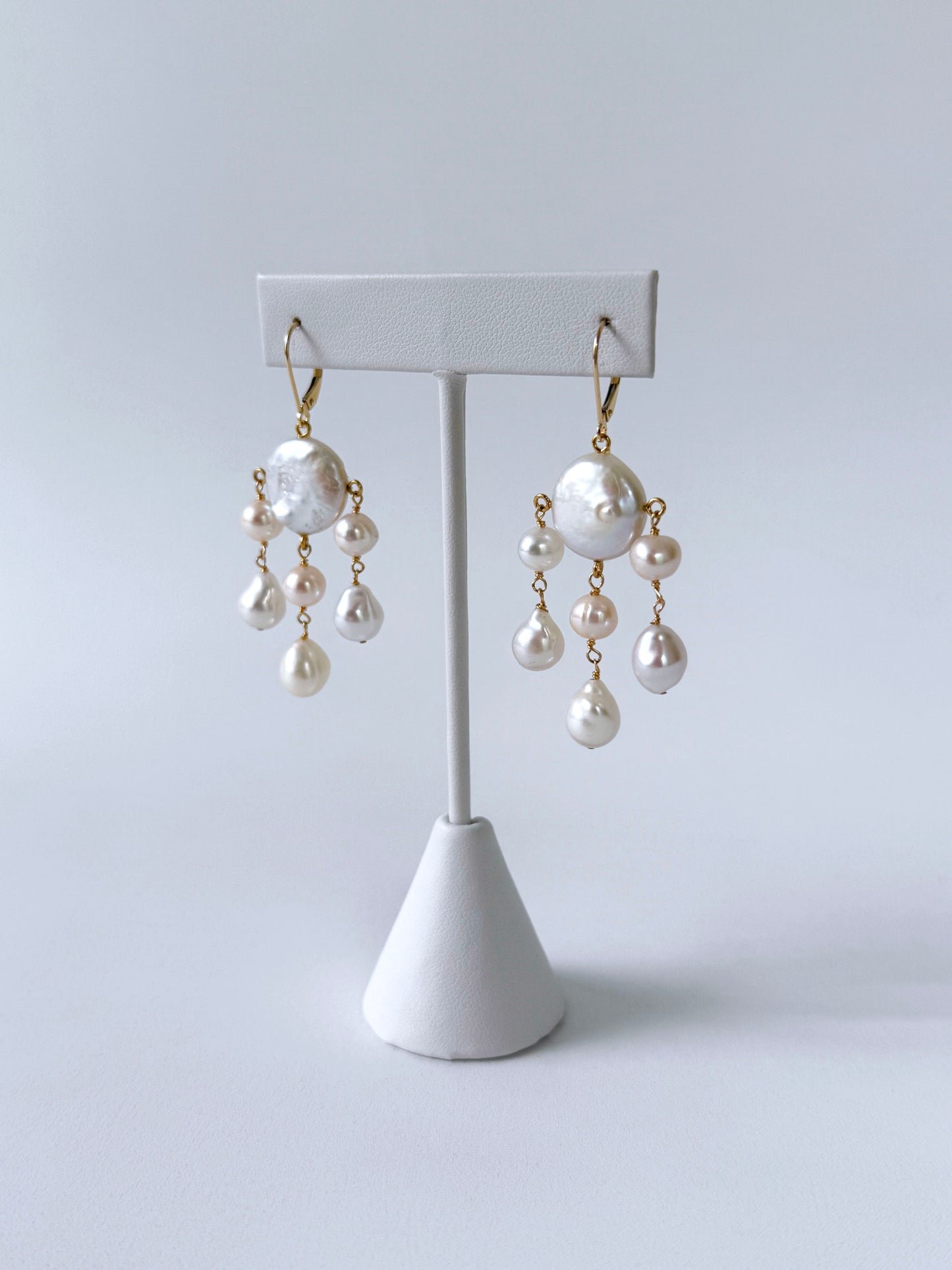 Coin Pearl Chandelier "Rain Drop" Earrings with Solid 14k Yellow Gold Lever Back Hooks