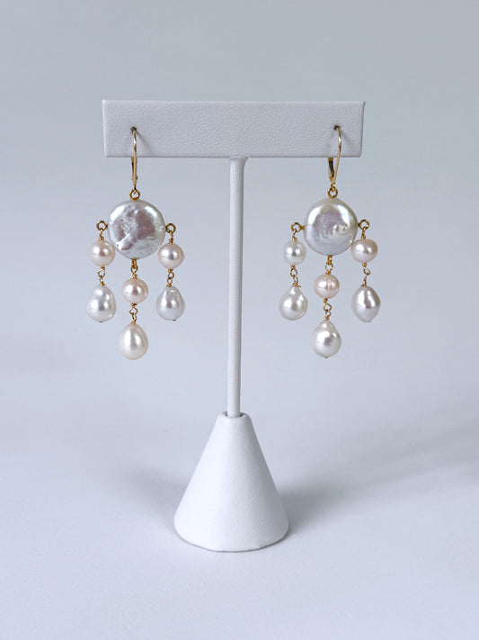 Coin Pearl Chandelier "Rain Drop" Earrings with Solid 14k Yellow Gold Lever Back Hooks