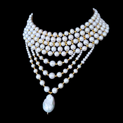 Draped Pearl Choker with Faceted Gold Plated Beads & Clasp