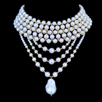 Draped Pearl Choker with Faceted Gold Plated Beads & Clasp
