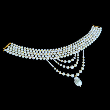 Draped Pearl Choker with Faceted Gold Plated Beads & Clasp