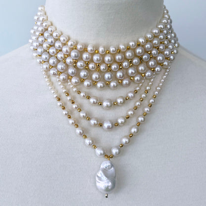 Draped Pearl Choker with Faceted Gold Plated Beads & Clasp