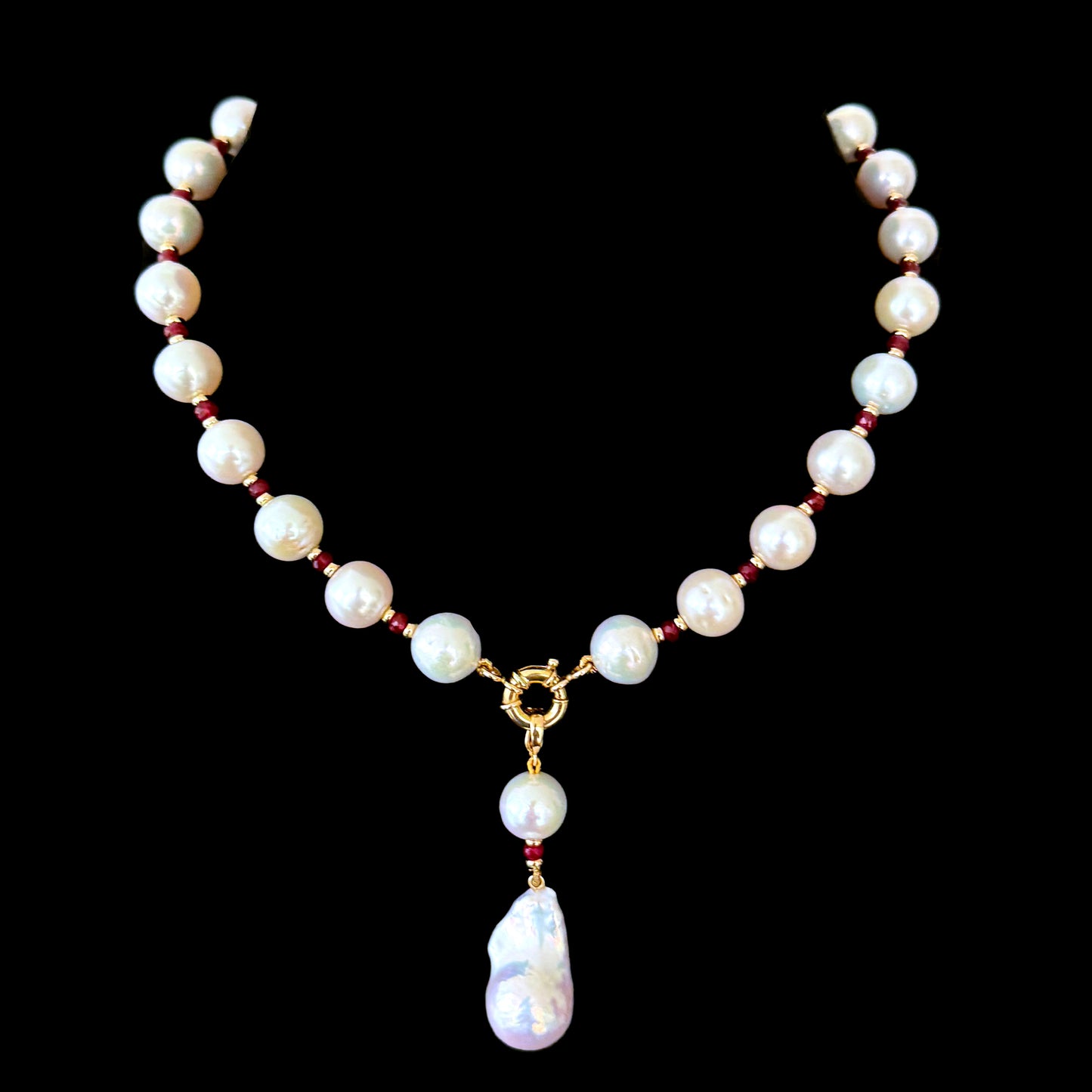 Red Ruby, Solid Gold & Graduated Pearl Necklace with Dramatic Tassel