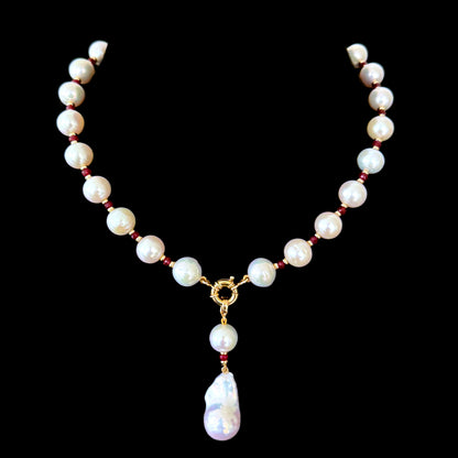 Red Ruby, Solid Gold & Graduated Pearl Necklace with Dramatic Tassel