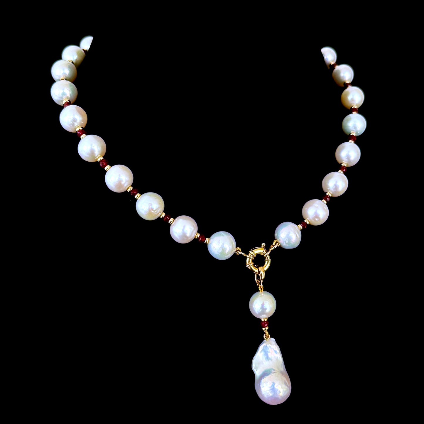 Red Ruby, Solid Gold & Graduated Pearl Necklace with Dramatic Tassel