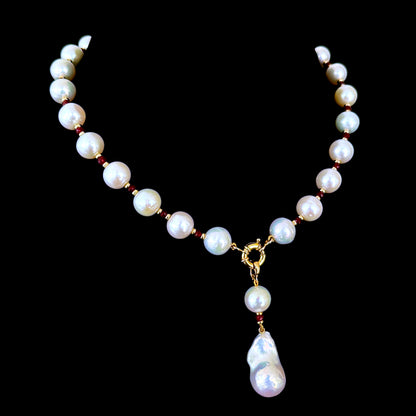 Red Ruby, Solid Gold & Graduated Pearl Necklace with Dramatic Tassel