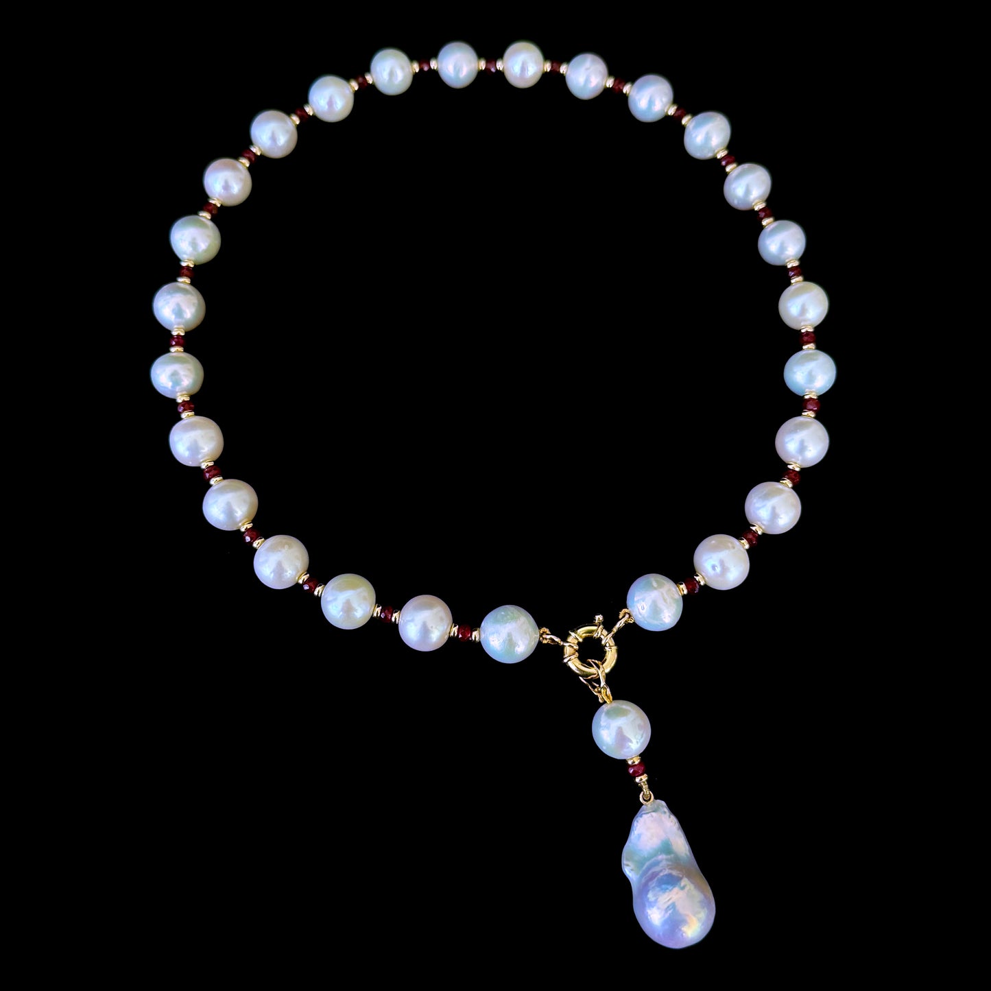 Red Ruby, Solid Gold & Graduated Pearl Necklace with Dramatic Tassel