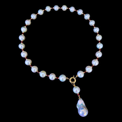 Red Ruby, Solid Gold & Graduated Pearl Necklace with Dramatic Tassel