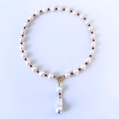 Red Ruby, Solid Gold & Graduated Pearl Necklace with Dramatic Tassel