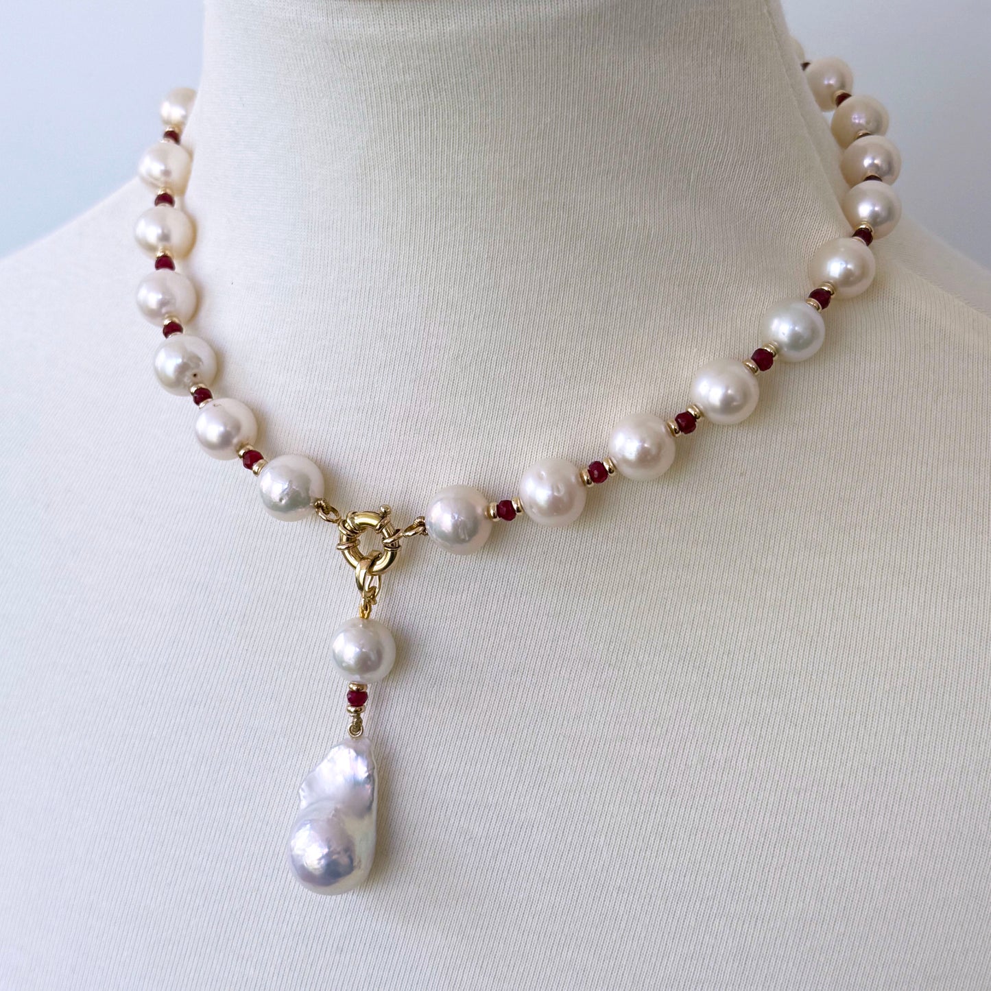 Red Ruby, Solid Gold & Graduated Pearl Necklace with Dramatic Tassel