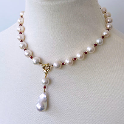 Red Ruby, Solid Gold & Graduated Pearl Necklace with Dramatic Tassel