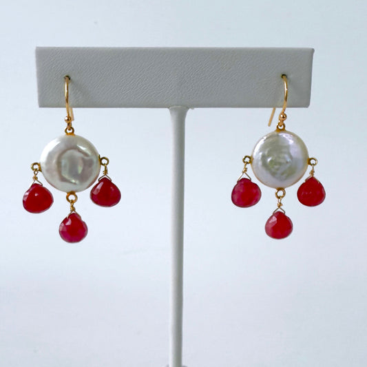 Ruby, Coin Pearl & Solid 14k Yellow Gold Chandelier Earrings