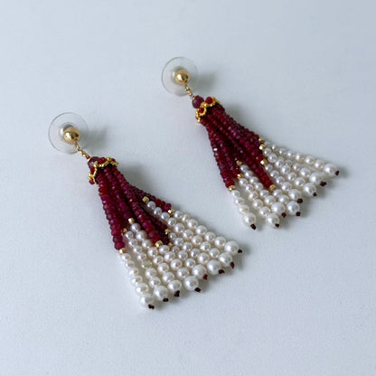 Ruby, Pearl & 14k Graduated Tassel Earrings