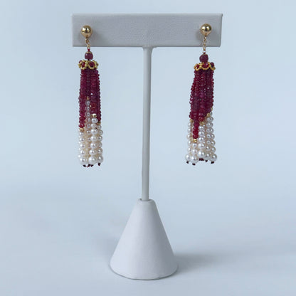 Ruby, Pearl & 14k Graduated Tassel Earrings