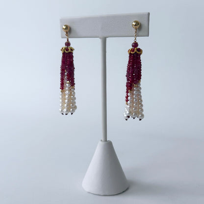 Ruby, Pearl & 14k Graduated Tassel Earrings