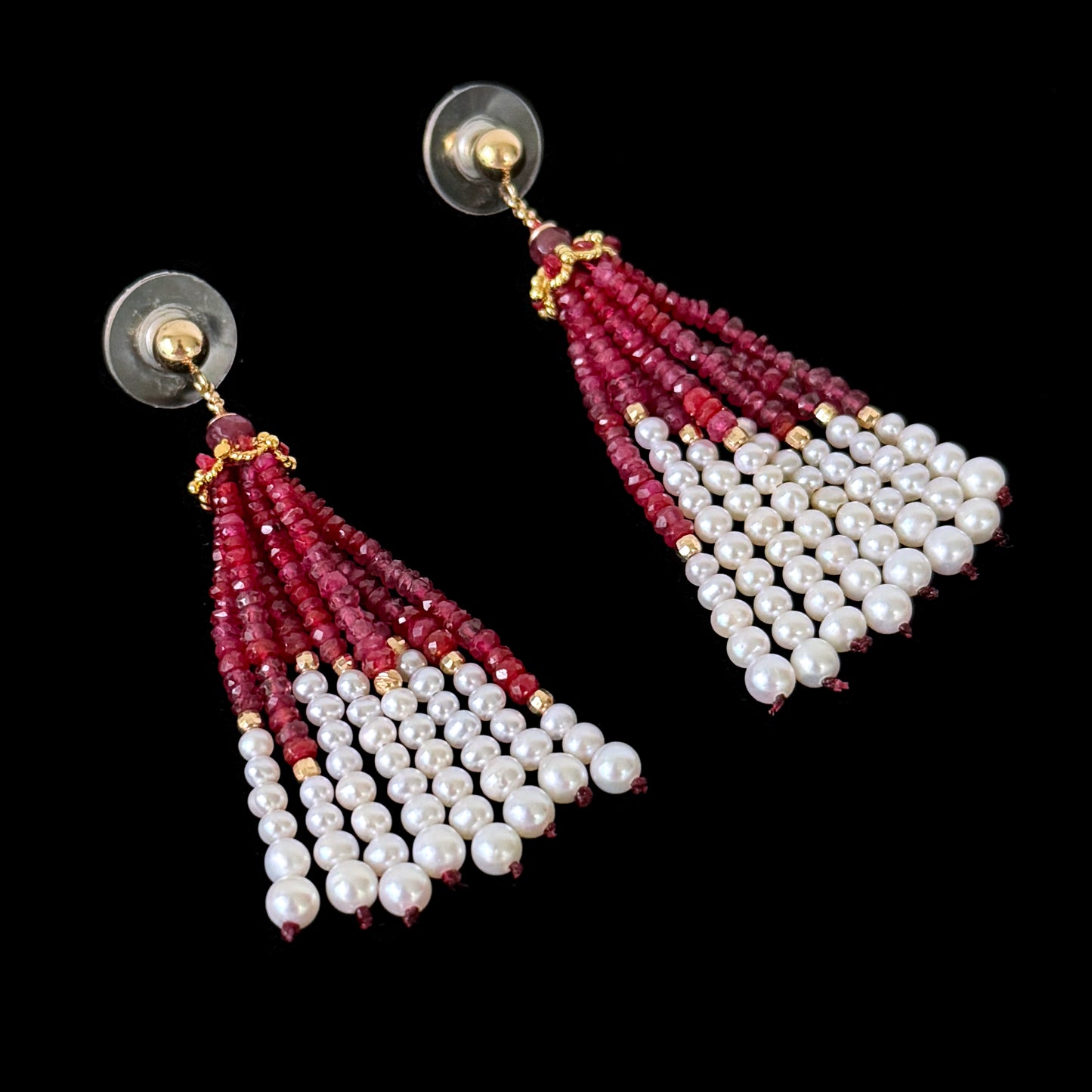 Ruby, Pearl & 14k Graduated Tassel Earrings