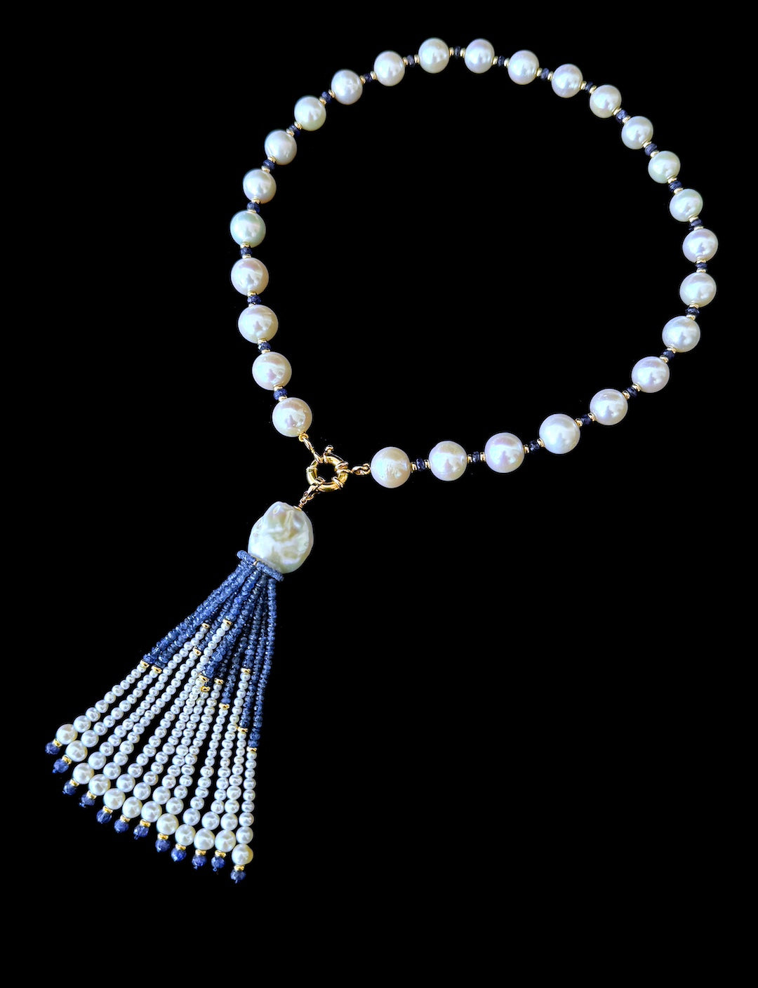 Graduated Pearl, Blues Sapphire & Solid 14k Yellow Gold Tassel Necklace