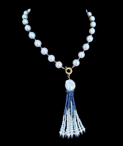Graduated Pearl, Blues Sapphire & Solid 14k Yellow Gold Tassel Necklace
