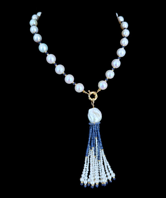Graduated Pearl, Blues Sapphire & Solid 14k Yellow Gold Tassel Necklace