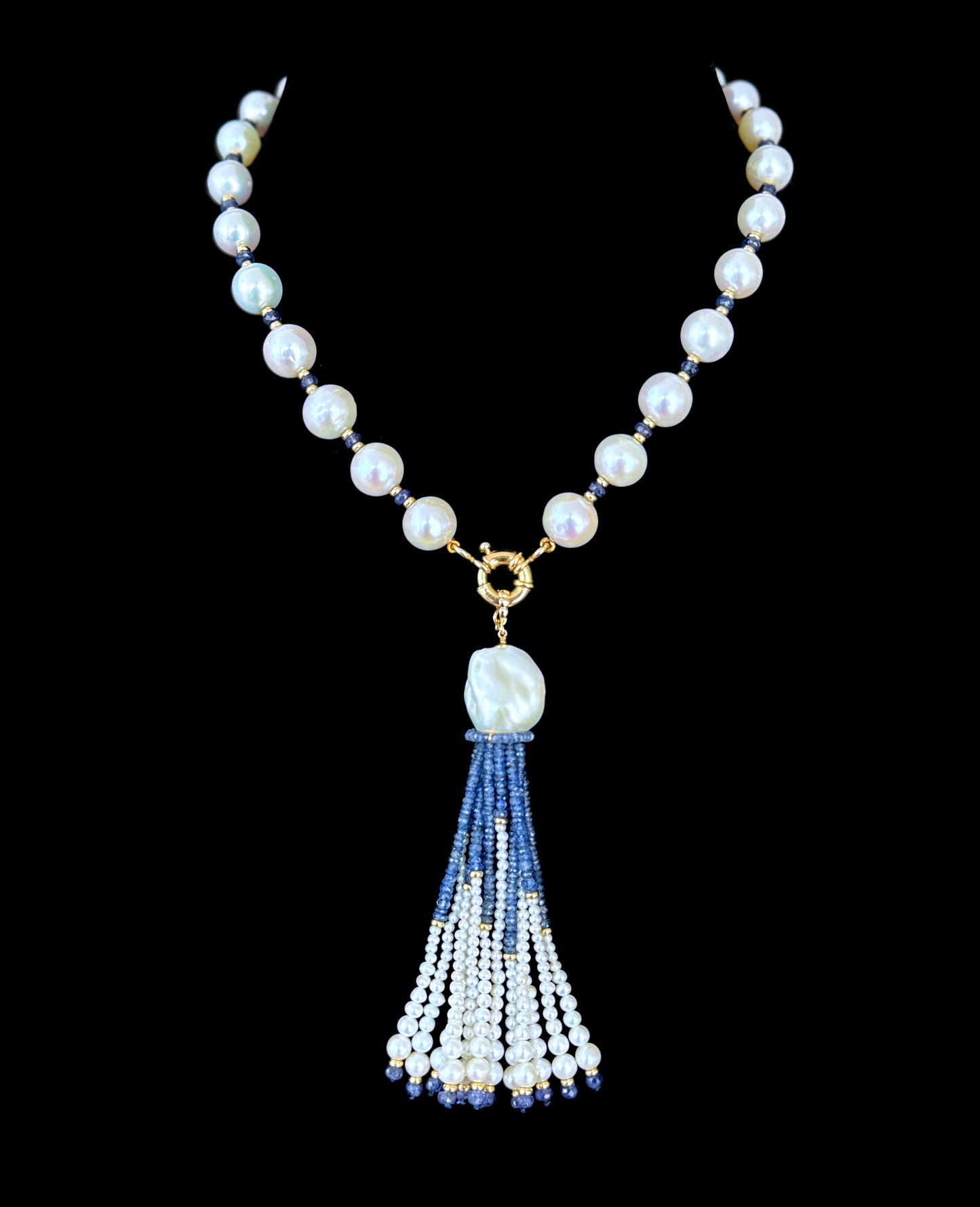 Graduated Pearl, Blues Sapphire & Solid 14k Yellow Gold Tassel Necklace