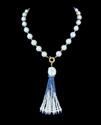 Graduated Pearl, Blues Sapphire & Solid 14k Yellow Gold Tassel Necklace