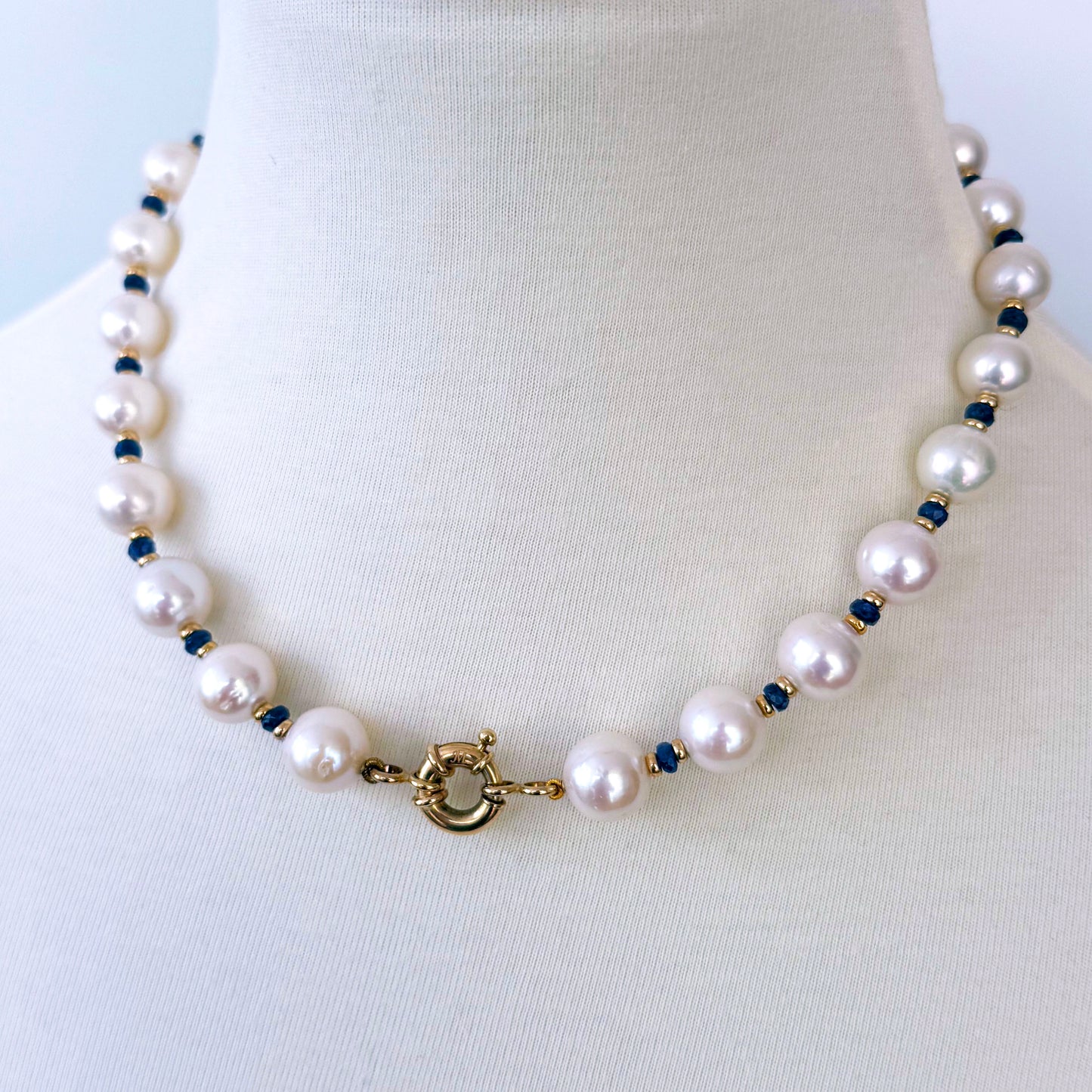 Graduated Pearl, Blues Sapphire & Solid 14k Yellow Gold Tassel Necklace