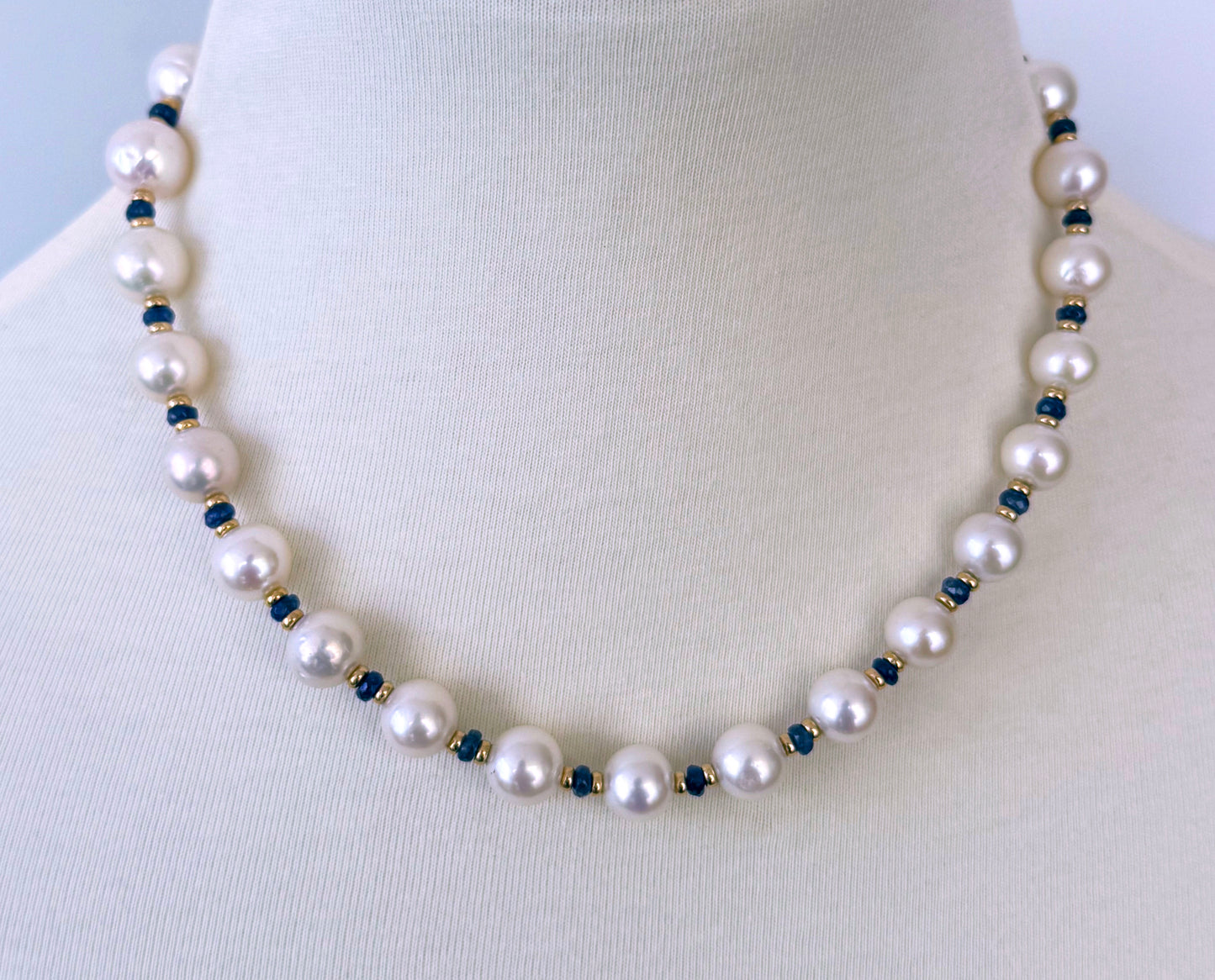 Graduated Pearl, Blues Sapphire & Solid 14k Yellow Gold Tassel Necklace