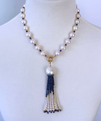 Graduated Pearl, Blues Sapphire & Solid 14k Yellow Gold Tassel Necklace