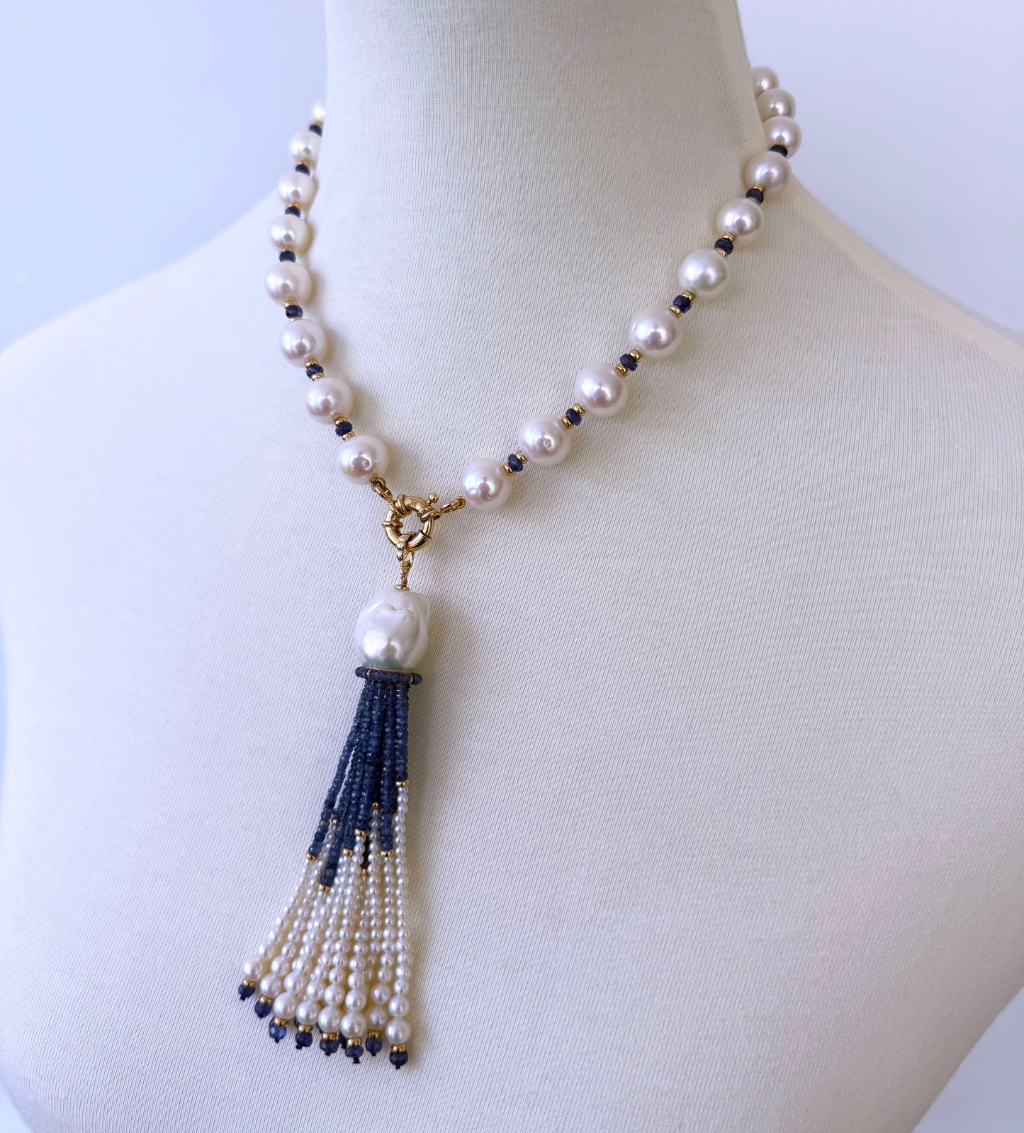 Graduated Pearl, Blues Sapphire & Solid 14k Yellow Gold Tassel Necklace