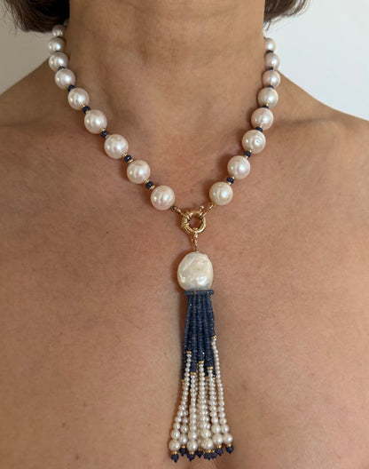 Graduated Pearl, Blues Sapphire & Solid 14k Yellow Gold Tassel Necklace