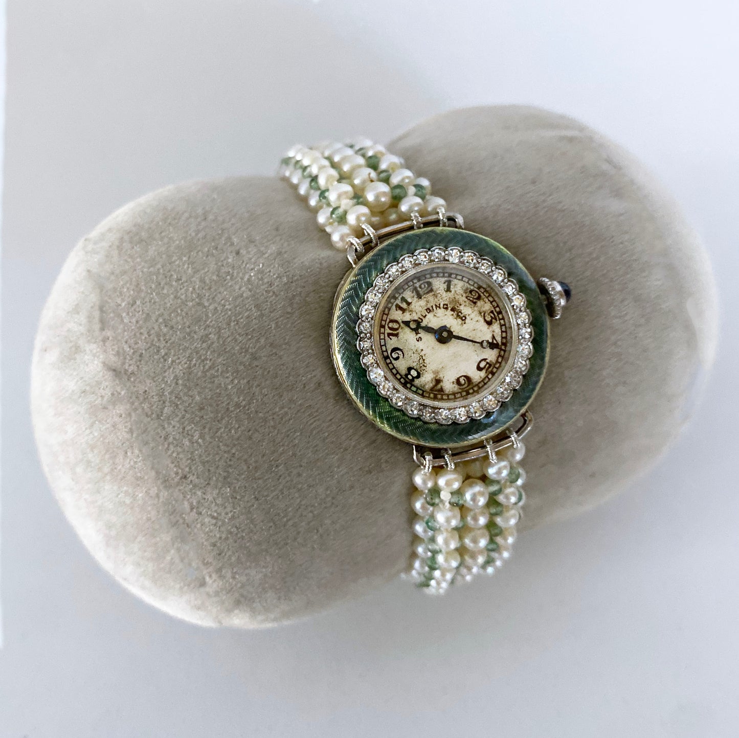 Antique Platinum Edwardian Diamond Encrusted Bracelet with Pearl & Enamel