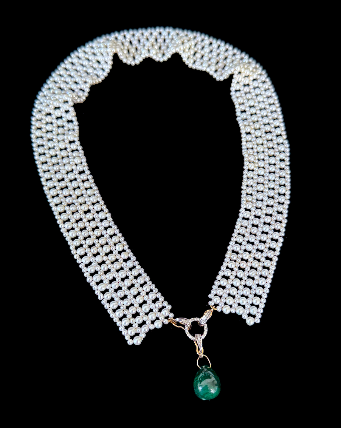 Pearl Woven Collar Necklace with Diamonds, Solid 14k Yellow Gold & Emerald