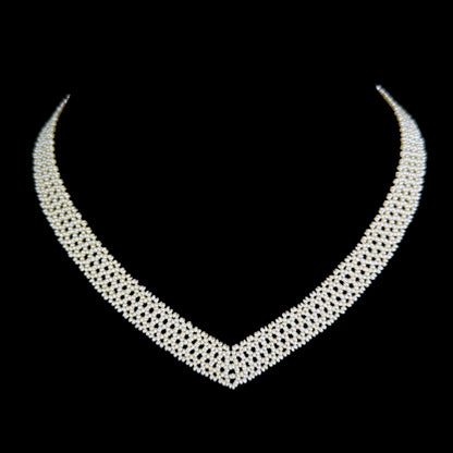 Seed Pearl Woven "V" Necklace With Solid 14k Yellow Gold Filigree Clasp