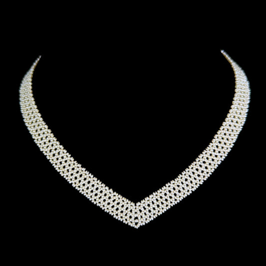 Seed Pearl Woven "V" Necklace With Solid 14k Yellow Gold Filigree Clasp