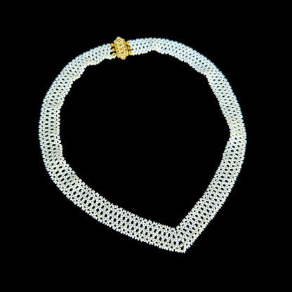 Seed Pearl Woven "V" Necklace With Solid 14k Yellow Gold Filigree Clasp