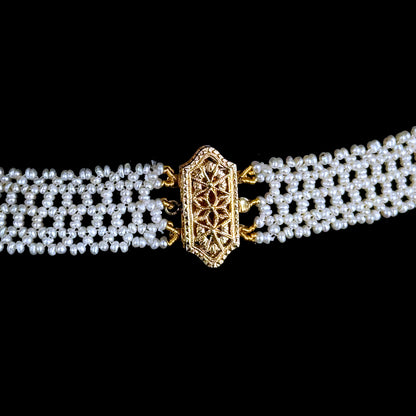 Seed Pearl Woven "V" Necklace With Solid 14k Yellow Gold Filigree Clasp