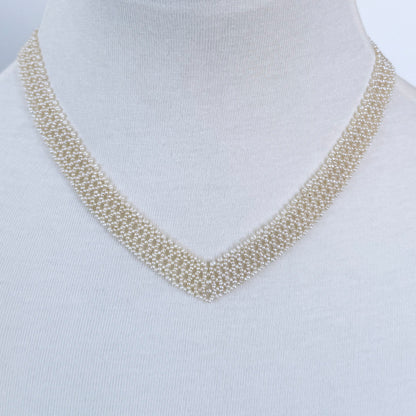 Seed Pearl Woven "V" Necklace With Solid 14k Yellow Gold Filigree Clasp